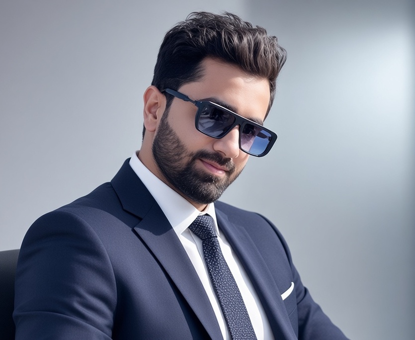 Usama Junaid — software engineer, wearing a navy suit and sunglasses